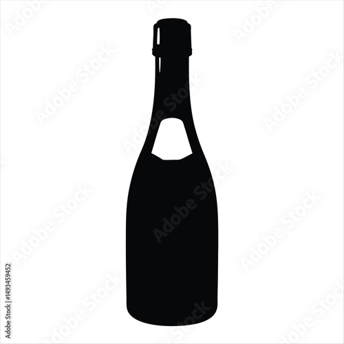 Elegant Black Silhouette of a Sparkling Champagne Bottle on a White Background