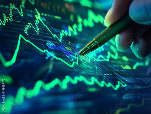 Hand Writing on Digital Screen with Glowing Upward Stock Chart