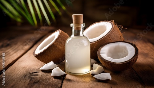 Wallpaper Mural a bottle of coconut oil surrounded by coconut halves and coconut pieces on a wooden surface highlighting freshness and natural ingredients Torontodigital.ca