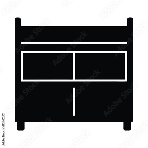 Black and white storage cabinet with two upper compartments and door