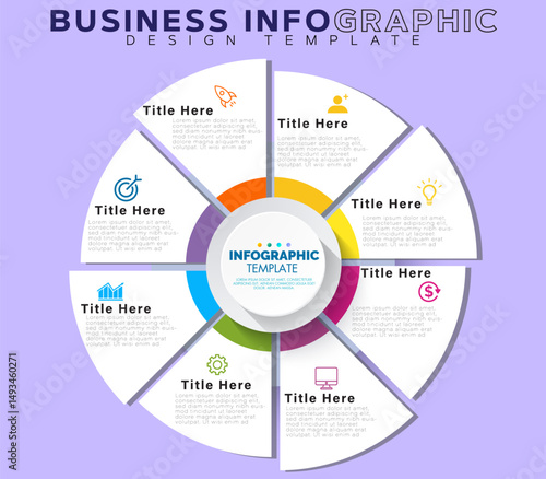8 segment Circular Business Infographic Template with  Pie Slices, Bold Icons, 3D Layered Effect, Modern Design, Workflow Visualization, Editable Vector, Strategy, Marketing, Presentation