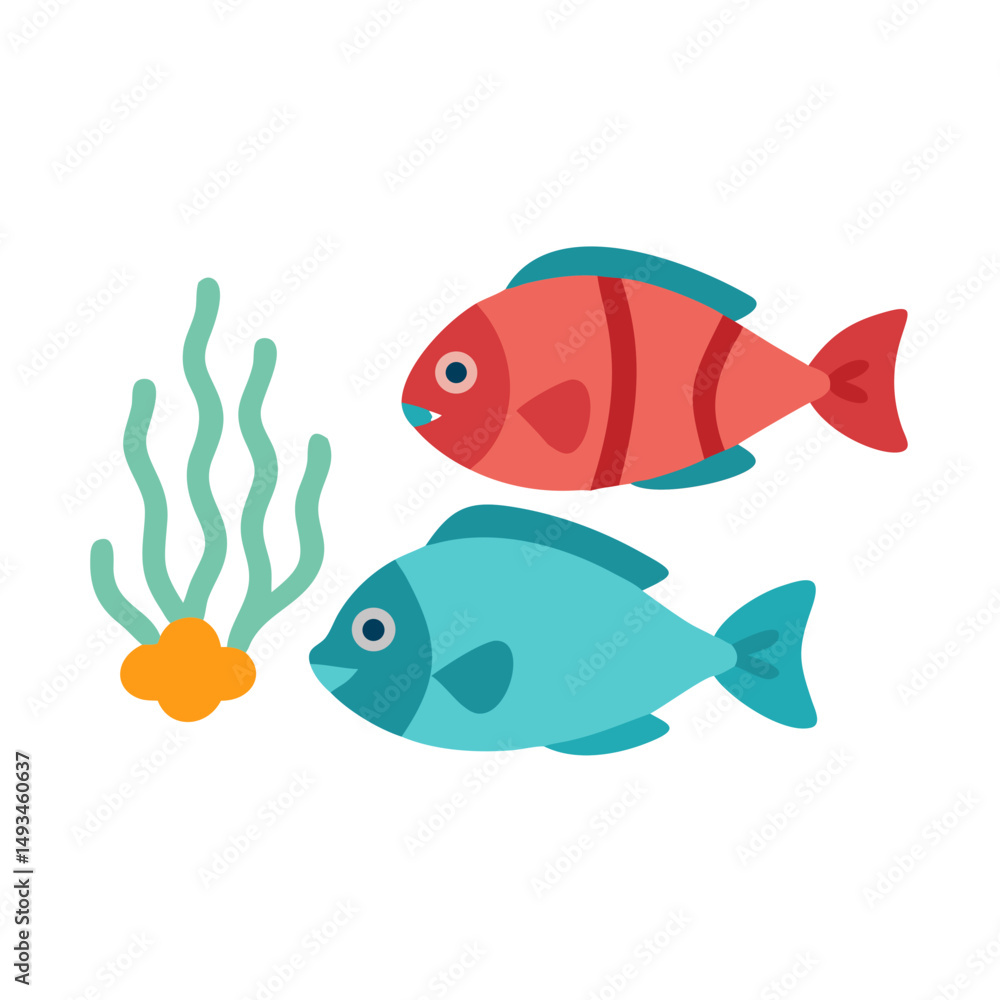 Fototapeta premium Two flat design fishes with seaweed on black background