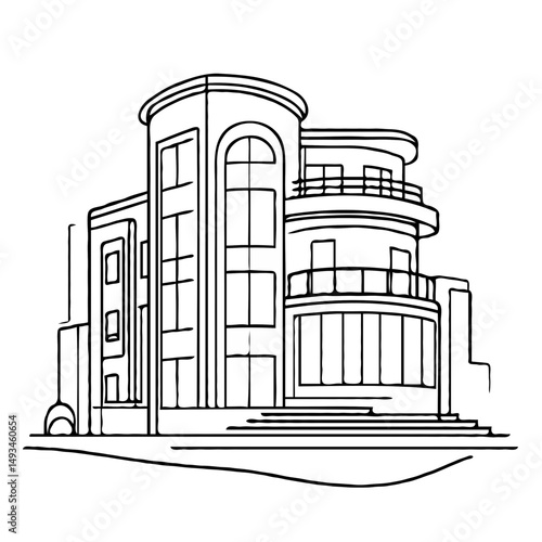 Ink sketch of modern building with large windows and balconies  