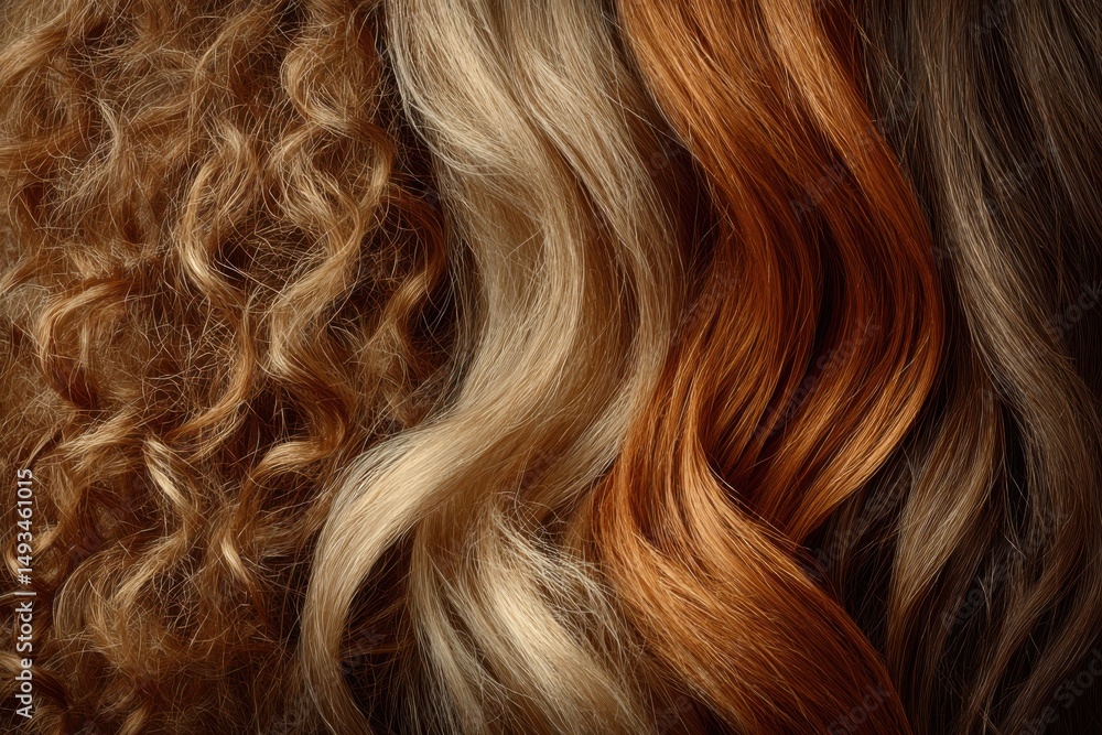 Naklejka premium Various tones and textures in hair displaying blonde curly, light brown wavy, auburn straight, and dark brunette strands