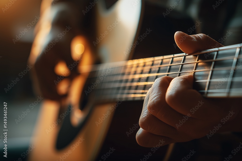 Fototapeta premium The Guitarist's Touch: Close-up of a guitarist's hands expertly strumming the strings of an acoustic guitar, evoking a sense of musical artistry and passion.