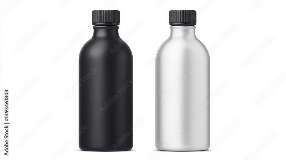 Minimalistic black and silver reusable bottles for eco-friendly hydration and modern lifestyle choices. Minimalistic black and silver reusable bottles for eco-friendly hydration and modern lifestyle choices.