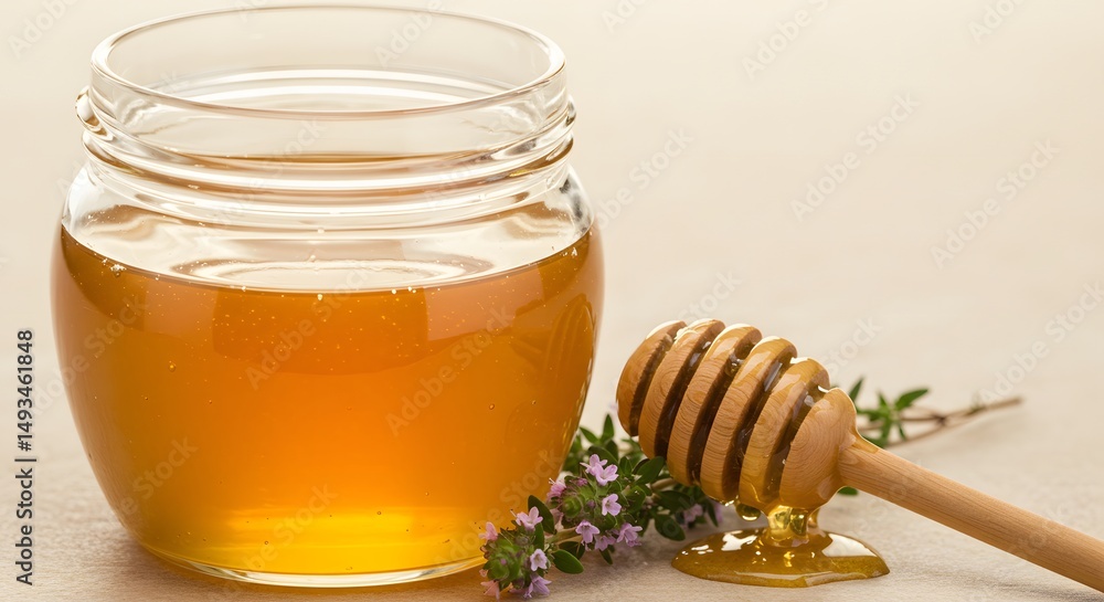 Honey in Glass Jar with Dipper and Flower Honey in Glass Jar with Dipper and Flower