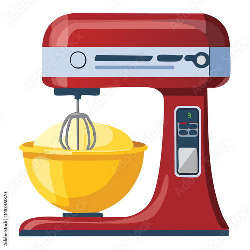 Red Kitchen Stand Mixer with Yellow Bowl - Vector Illustration