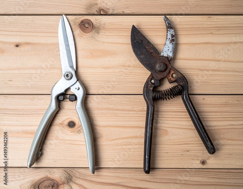 Garden Shears Pair on Wooden Backdrop: A close-up shot presents a set of sharp, garden shears poised against the backdrop of natural, textured wood, revealing detail, tools and craftsmanship.