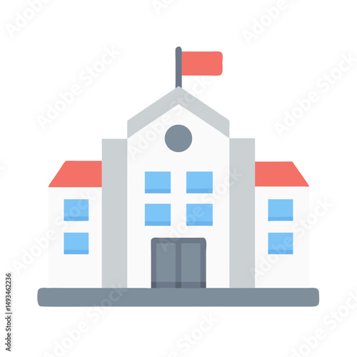 Simple building illustration with flag, windows and balanced design