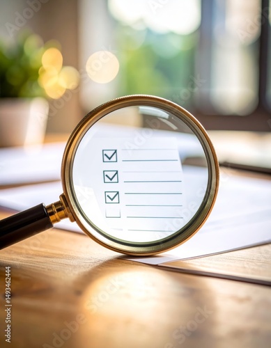 magnifying glass over checklist document, symbolizing quality control, document review