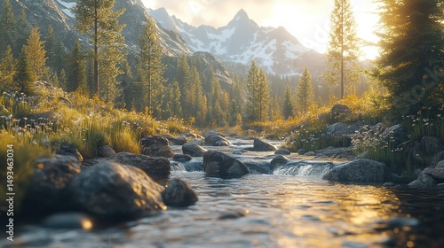 Serene mountain stream at golden hour