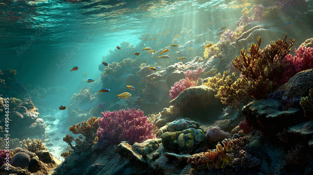 Fototapeta premium sunlight hitting coral reef and fish
