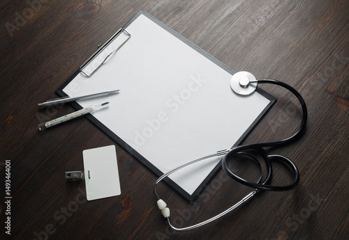 Medical still life. Blank clipboard, stethoscope, thermometer, pen and badge.