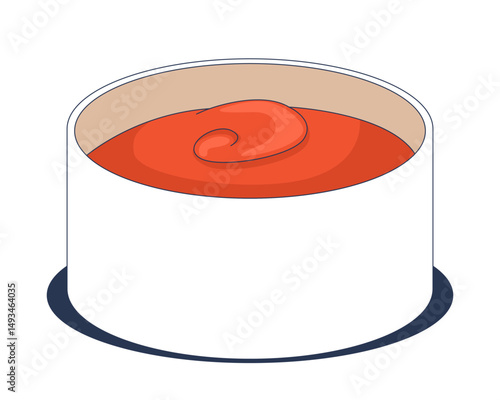 Spicy red sauce served in round ceramic bowl 2D cartoon object. Chili condiment. Tomato dip. Hot salsa dressing. Tangy chutney food isolated element flat vector clip art on white. Spot illustration