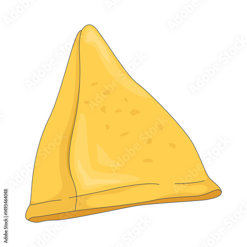 Golden triangular fried samosa 2D cartoon object. Indian ethnic snack. Savory pastry. Street food. Traditional appetizer isolated element flat vector clip art on white. Spot illustration