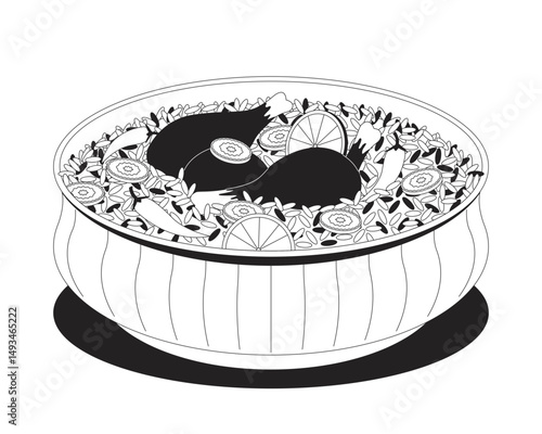 Chicken pulao biryani with lemon, carrot and peppers 2D line object. Basmati rice with chilies and chicken legs. Indian cuisine isolated clipart vector ink outline item. Monochrome spot illustration
