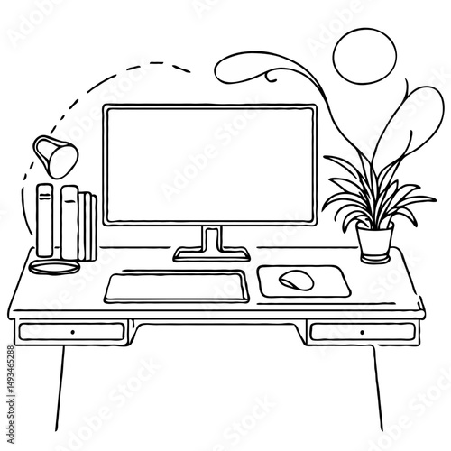 Minimalist desk workspace with computer, books, and plant illustration  