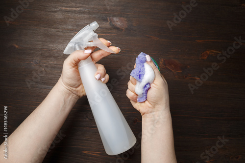 Kitchen cleaning concept. Cleansing kitchen sponge and detergent sprayer in woman hands.
