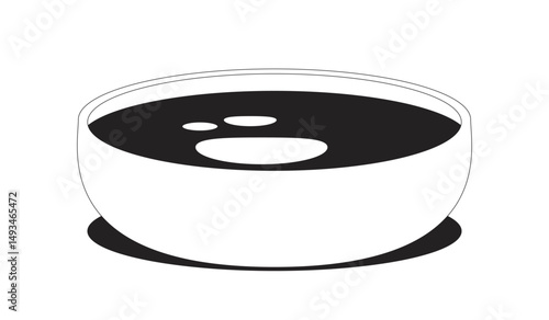Hoisin sauce in bowl 2D line object. Asian condiment. Dark glaze. Chinese savory dip. Culinary dipping. Kitchen ingredient isolated clipart vector ink outline item. Monochrome spot illustration