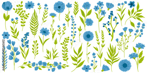 Floral set. Vector flat minimalistic illustration of flowers and leaves in flat style. Retro vintage style, hand drawn decorative elements. 60s, 70s, flower icon, pastel colors, childish cute decor.