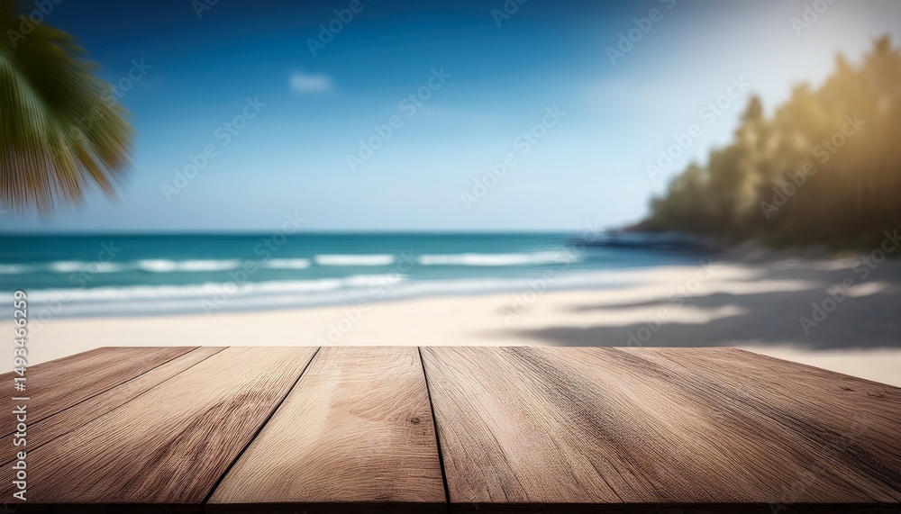 Fototapeta premium empty wooden table for product display on sea beach blurred background ai generative