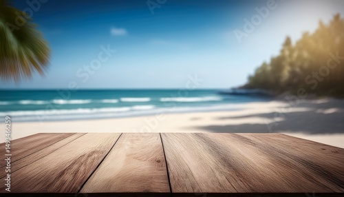 empty wooden table for product display on sea beach blurred background ai generative