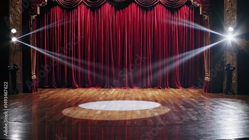 Theatrical spotlights casting dramatic light on closed red curtains, highlighting grand stage emptiness before performance