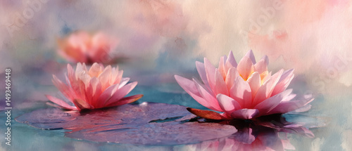 Pink lotus flowers float serenely on watercolor background