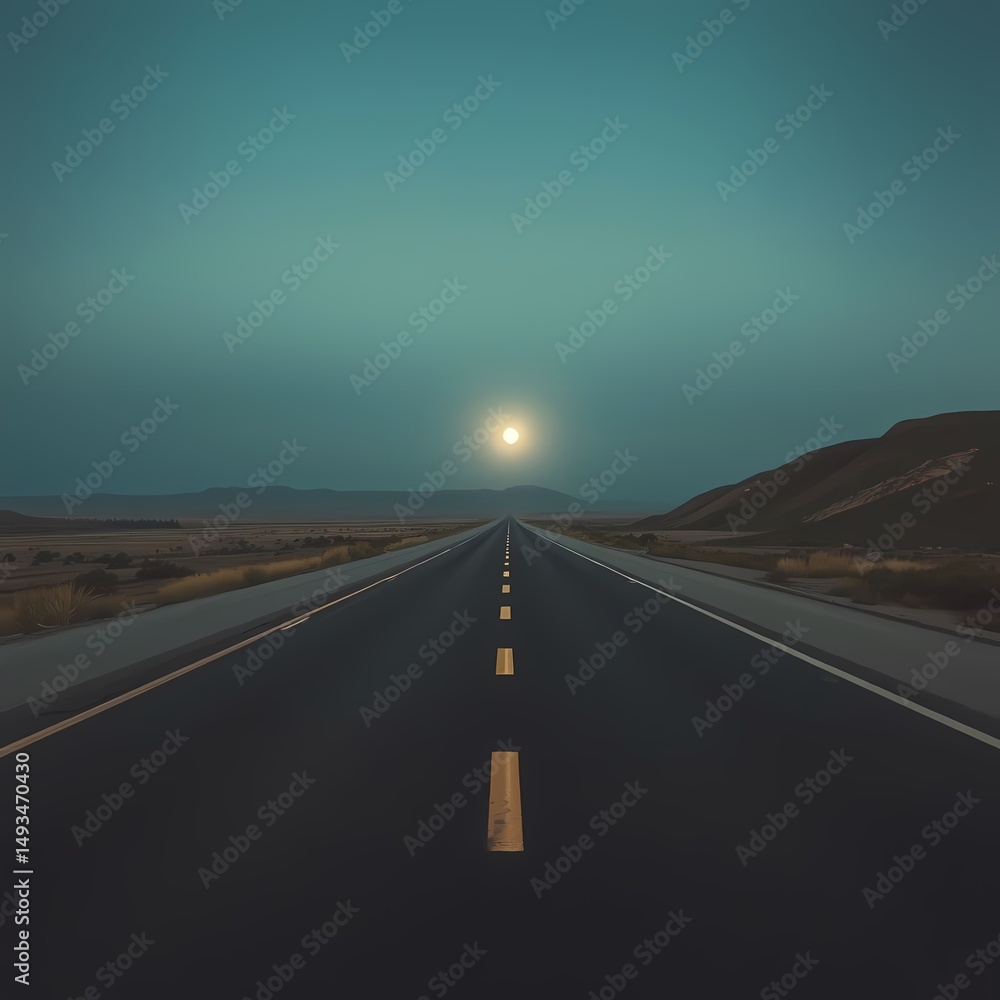 Fototapeta premium A vintage-toned highway stretches toward a distant horizon under a soft moonlight, evoking a sense of open road adventure.