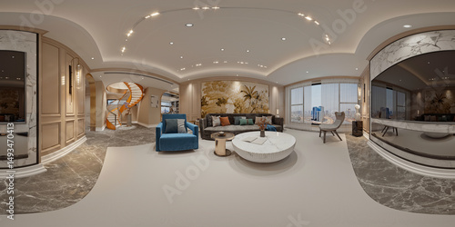 360 degree view, 3d render modern living room