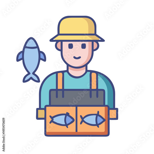 Cartoon fisherman holding caught fish crate isolated on black