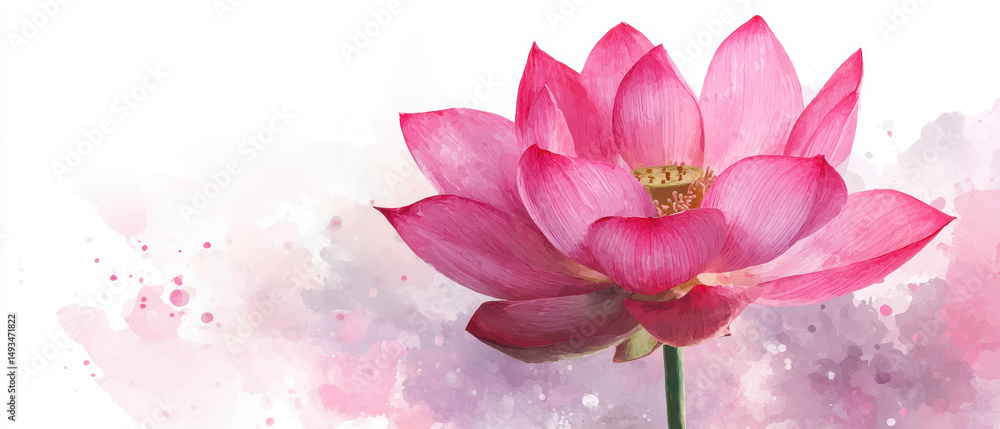 Fototapeta premium Pink lotus bloom with watercolor splashes on white background