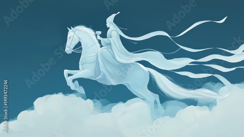A mythical figure riding a white horse, soaring above the clouds in ethereal elegance.