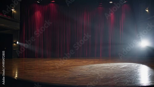 Warm stage lighting illuminating wooden floor, red curtains draping empty theater backdrop with dramatic theatrical ambiance