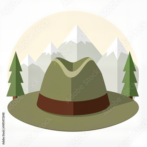 Ranger hat with forest and mountains background — flat design icon