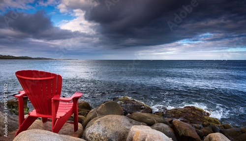red chair sits on rocks by the ocean under a cloudy sky