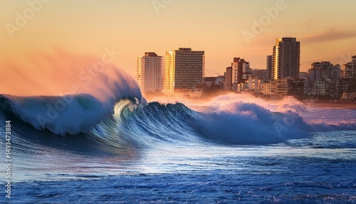 powerful ocean wave crashing against city shoreline at dusk