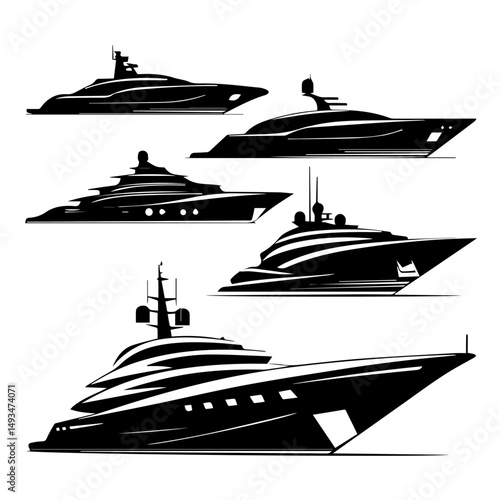 Vector illustration of five sleek, modern yacht silhouettes in black and white, depicted from a side view with dynamic lines suggesting motion, showcasing luxury maritime design and style.