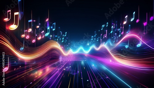 abstract digital music background with glowing neon musical notes and light trails