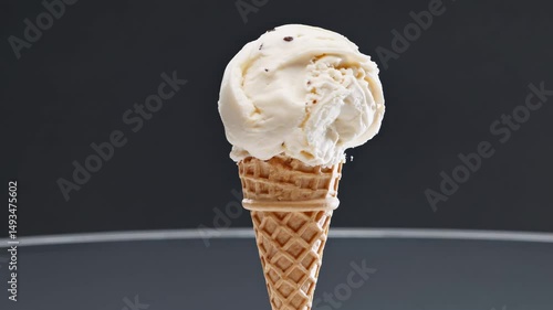 Vanilla ice cream scattered with chocolate chips slowly spinning on neutral gray backdrop, revealing smooth texture and rich dessert characteristics