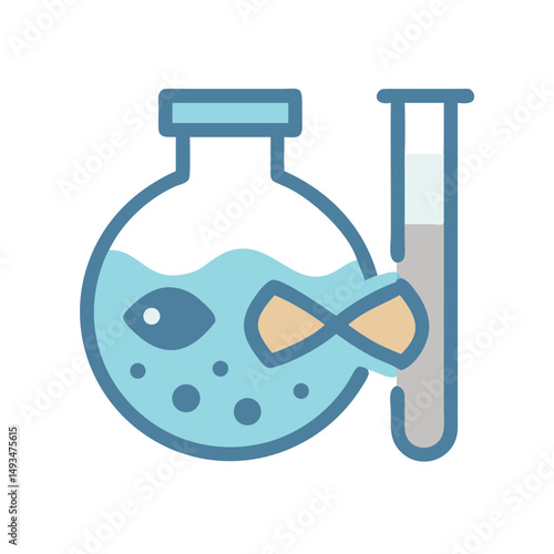 Minimalist lab equipment illustration with fish in flask