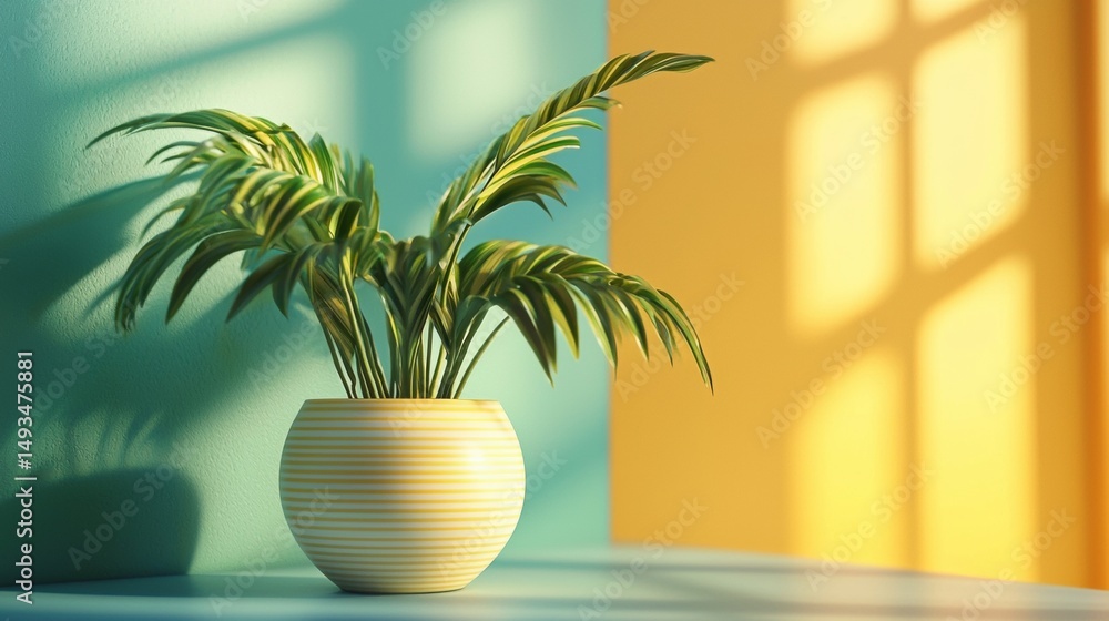 Yellow sunlight shining on green potted plant with shadows and interior decorative background styling Yellow sunlight shining on green potted plant with shadows and interior decorative background styling