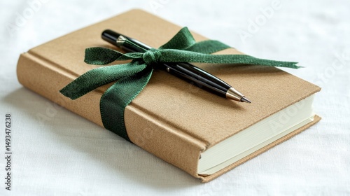 Elegant notepad with green ribbon and pen on soft background