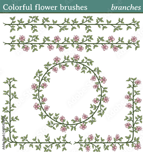 Colorful flower brushes, branches. You can draw any line or path and apply one of these brushes. You can also create frames in different shapes (round, square, etc.), as all brushes include tiles for 