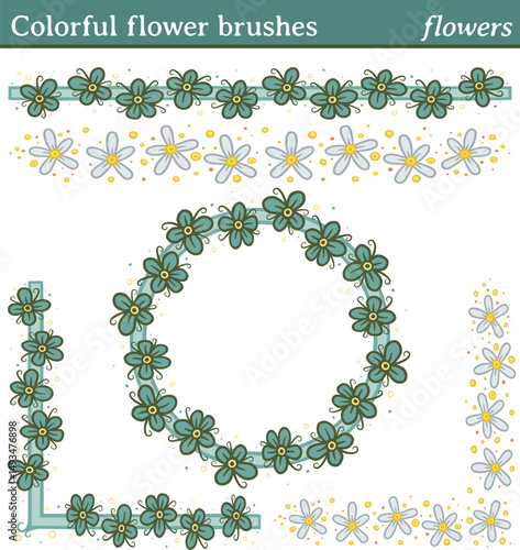 Colorful flower brushes, flowers. You can draw any line or path and apply one of these brushes. You can also create frames in different shapes (round, square, etc.), as all brushes include tiles for 