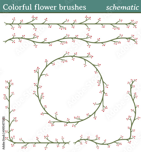 Colorful flower brushes, schematic. You can draw any line or path and apply one of these brushes. You can also create frames in different shapes (round, square, etc.), as all brushes include tiles for