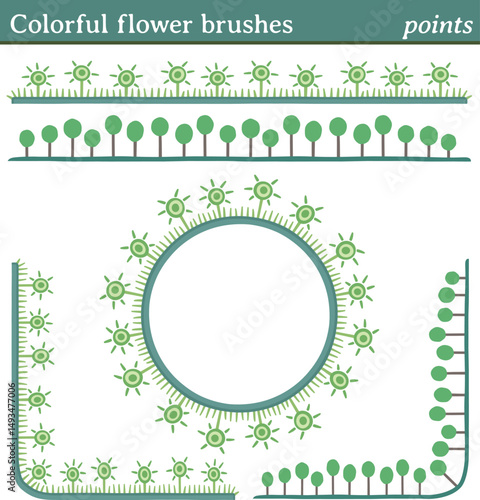 Colorful flower brushes, points. You can draw any line or path and apply one of these brushes. You can also create frames in different shapes (round, square, etc.), as all brushes include tiles for 