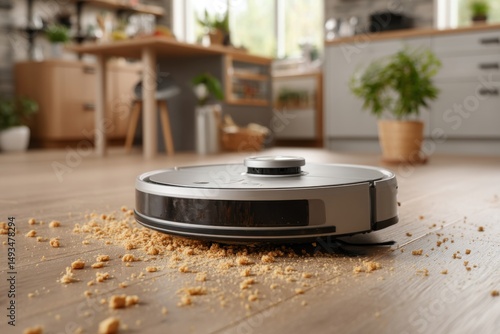 Robot vacuum cleaner tidying crumbs on wood floor surface in house interior, smart cleaning technology in home