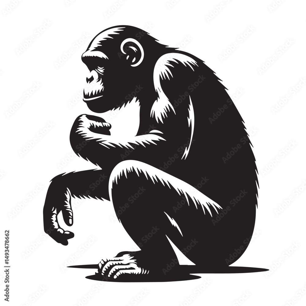 Fototapeta premium Black Color Chimpanzee Silhouette Vector Illustration, Solid White Background. minimal vector design